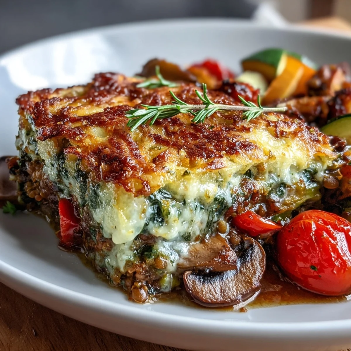 Deftiger Grüne-Linsen-Gemüse-Auflauf, frisch aus dem Ofen mit Kräutern.