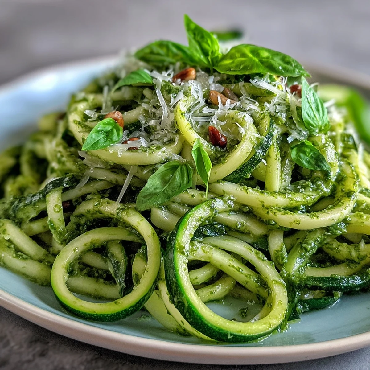 Zucchini-Nudeln mit Pesto: Frische grüne Spiralen, beträufelt mit duftendem Basilikumpesto.