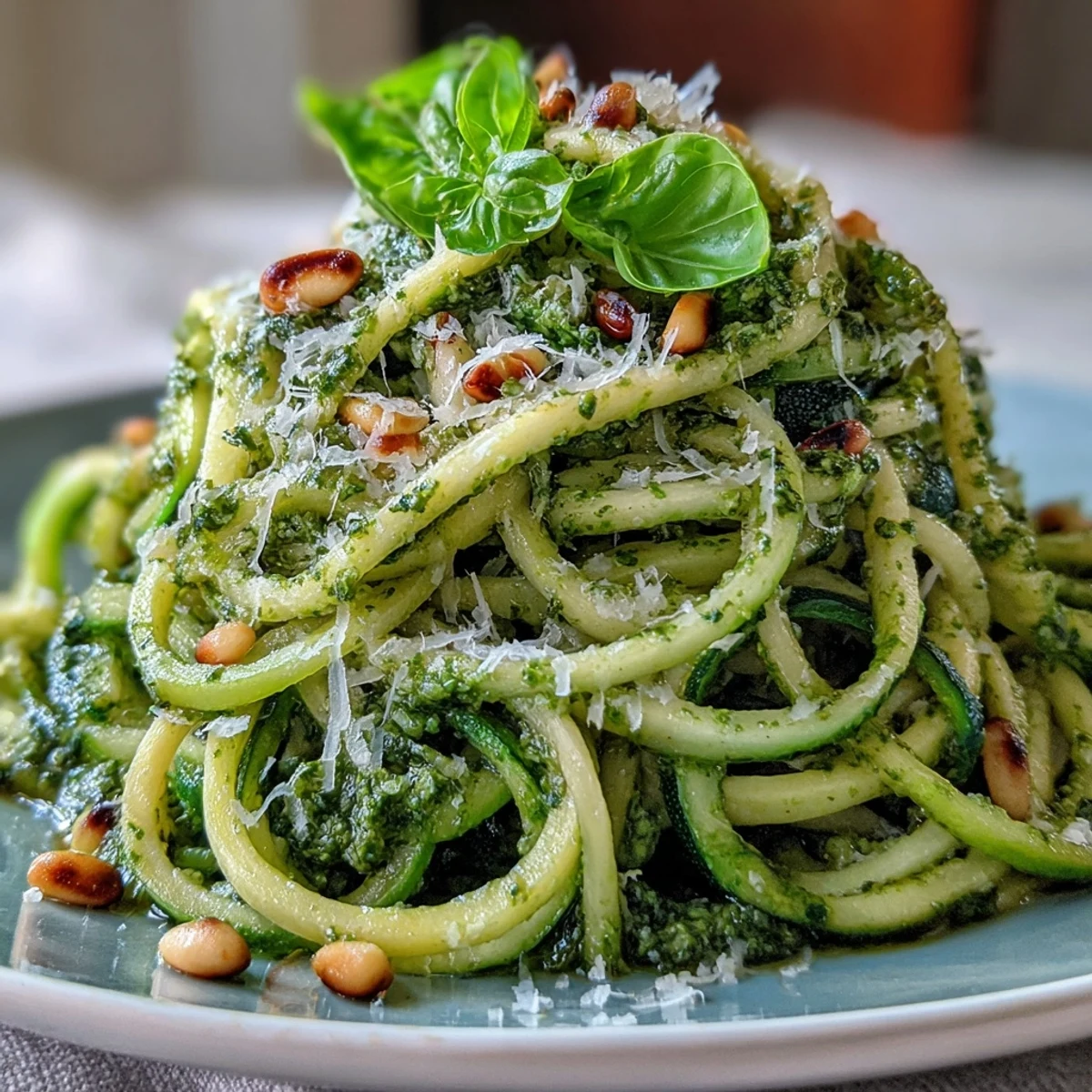 Gesunde, kohlenhydratarme Zucchini-Nudeln mit Pesto, heiß serviert und mit Parmesan garniert.