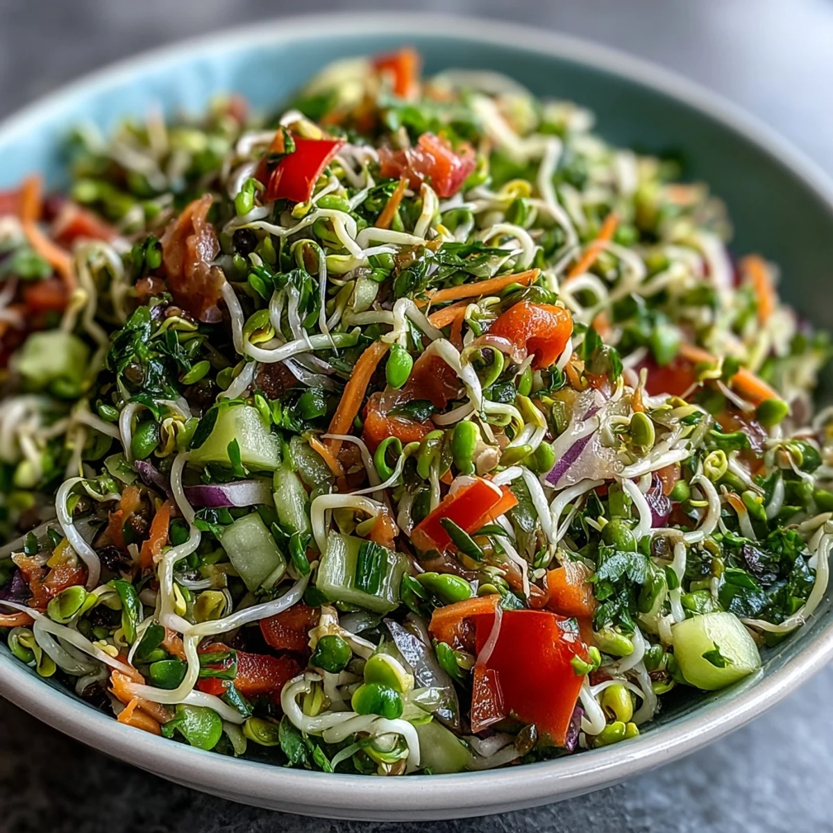 Helle, knackige Sprouted Seed Salad mit bunten Sprossen und Gemüsewürfeln auf weißem Teller, leicht belegt mit Koriander und Dressing beträufelt.