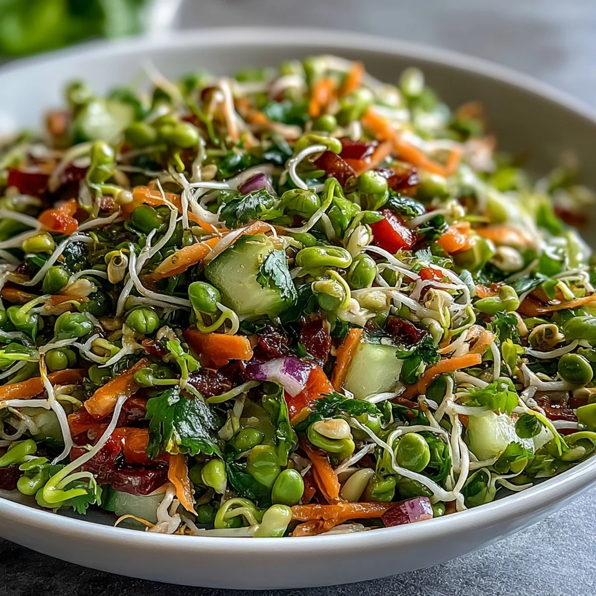 Frisch zubereitete Sprouted Seed Salad aus einer Mischung knackiger Sprossen, knackigem Gurken- und Paprikagemüse für einen gesunden Start in den Tag.