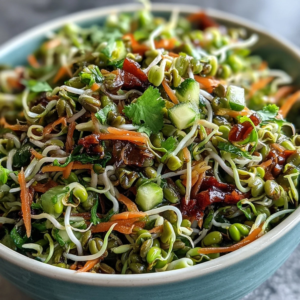 Nährstoffreiche Sprouted Seed Salad liegt auf rustikalem Holztisch, begleitet von Zitronenscheiben und Glas Wasser für einen erfrischenden, veganen Sommerimbiss.