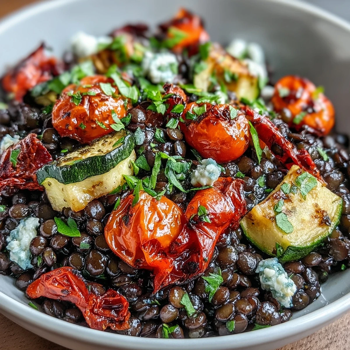 Erdiger Black Lentil Salad with colorful roasted vegetables, drizzled.