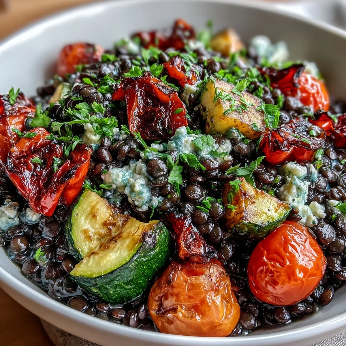 Gemischter Black Lentil Salad, bereit zum Genießen mit frischer Zitrone.