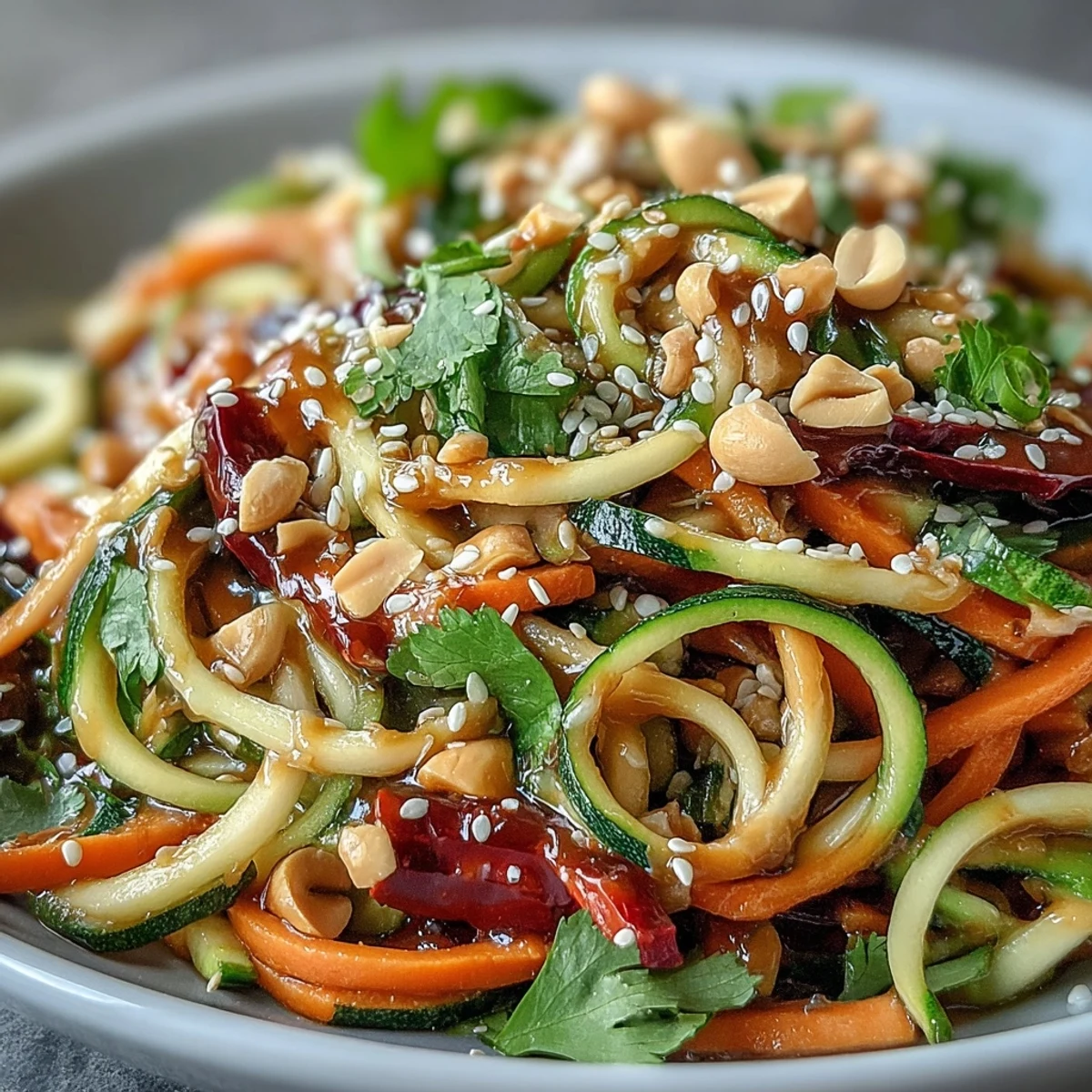Eine köstliche Rohkost-Nudel-Salat-Mischung, servierfertig mit frischen Kräutern und Samen.