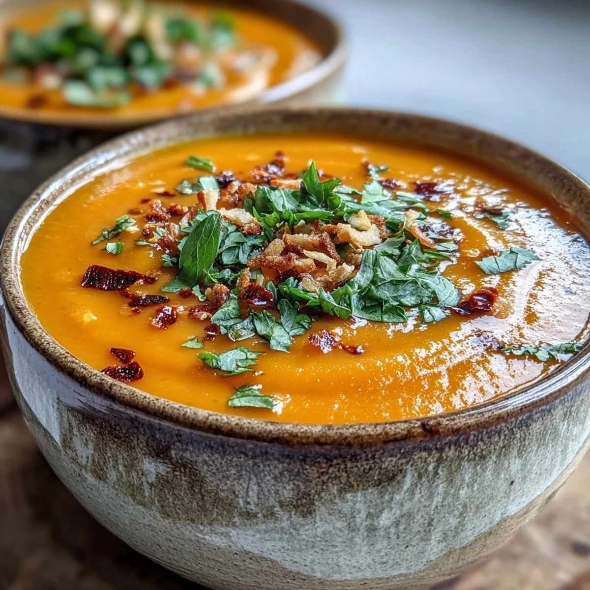Creamy Carrot and Coconut Soup steaming in a bowl, garnished with cilantro and toasted coconut.