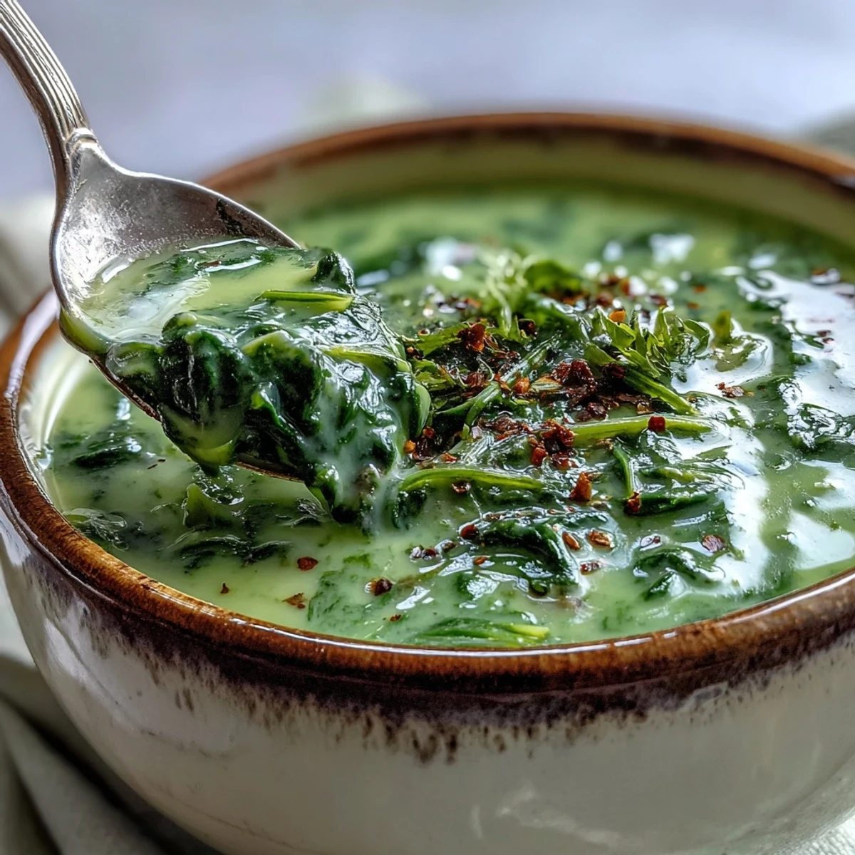 Cremige Spinat-Suppe in einer Schüssel mit Rahmschwung, aromatischen Gewürzen und frisch gemahlenem Pfeffer, appetitlich angerichtet.