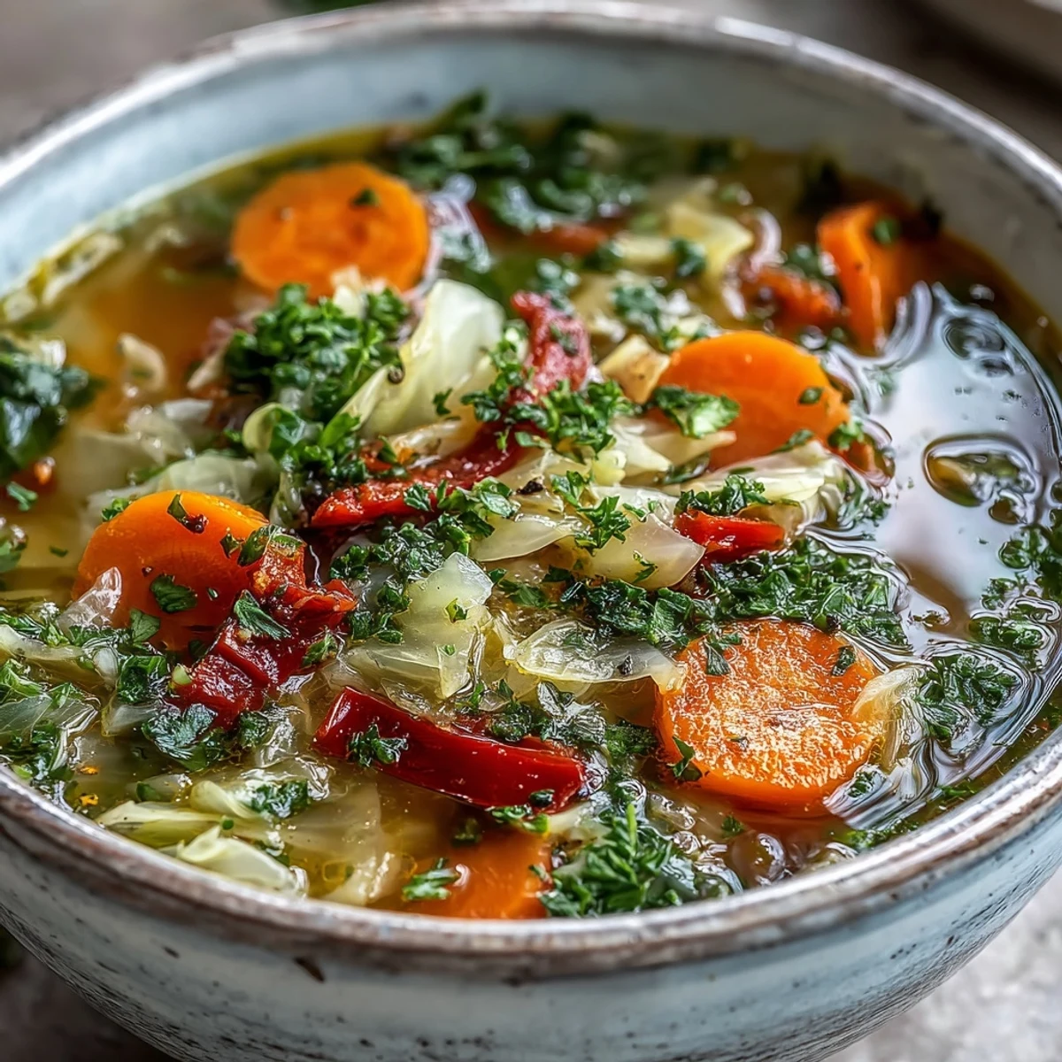 Herzhafte Cabbage Soup, serviert heiß mit einem Klecks Petersilie auf einem rustikalen Holztisch, perfekt für Meal Prep.