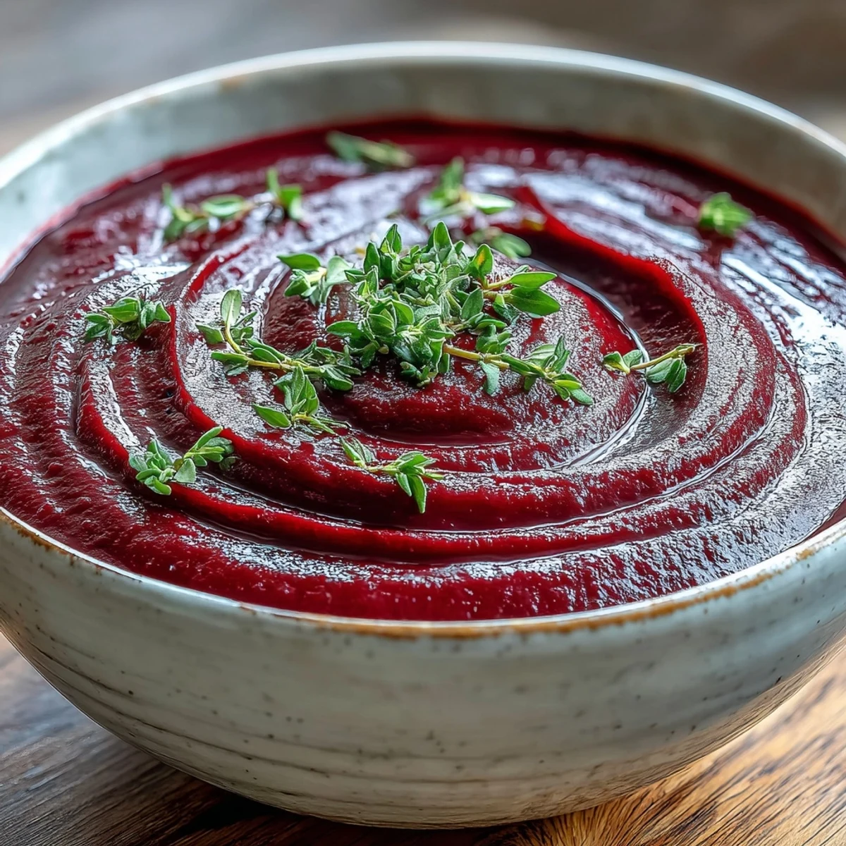Serves four: a bowl of creamy Roasted Beet Soup, its magenta swirl topped with fresh thyme and a drizzle of cream.