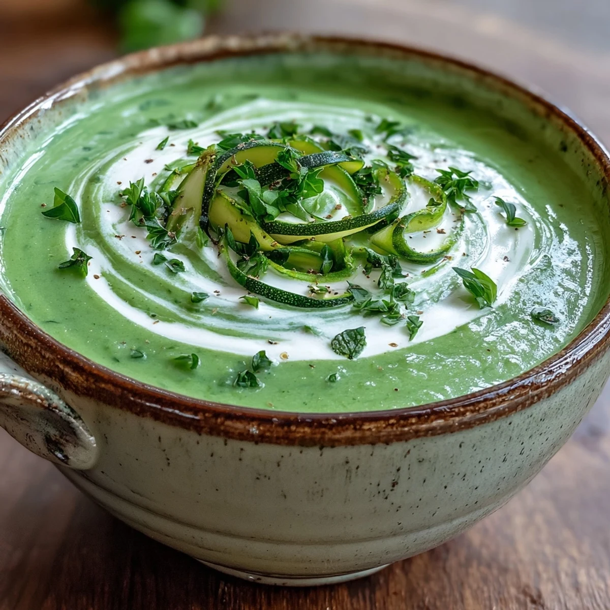 Silky Zucchini Soup steaming in a white bowl, garnished with fresh parsley and a swirl of cream.