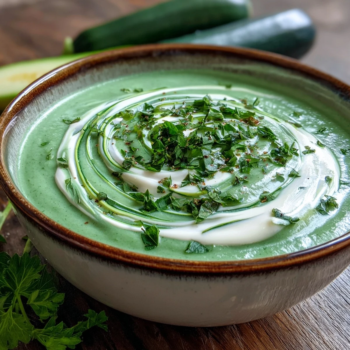Close-up of creamy Zucchini Soup in a bowl, topped with a drizzle of olive oil and thyme.