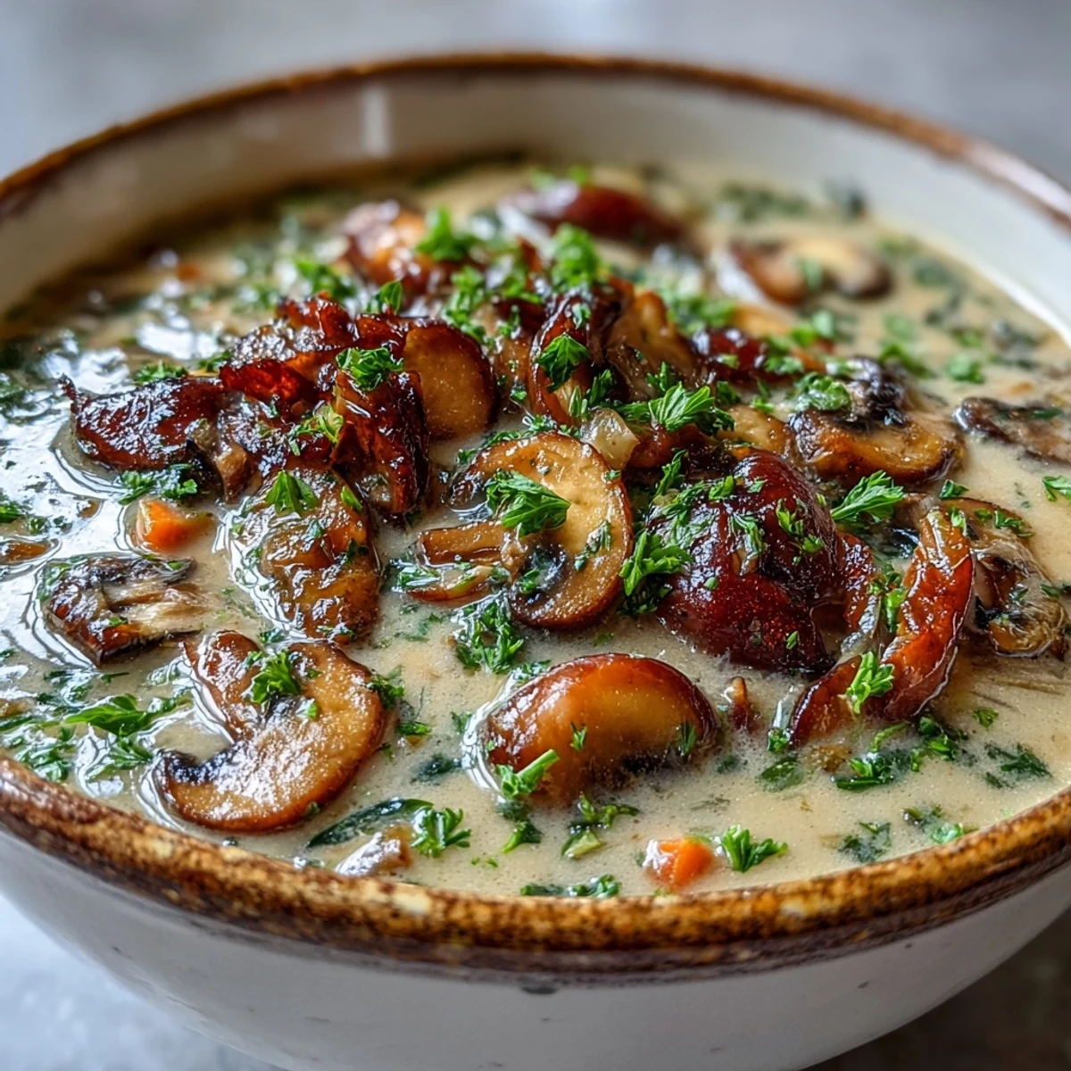 Cremige Mushroom Soup aus dem Topf, mit frischem Petersilientopping und duftendem Käsebrot serviert