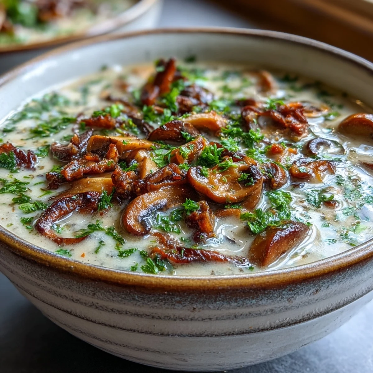 Herzhafte Mushroom Soup mit saftigen Pilzstücken und Schlagsahne, belegt mit glänzender Petersiliegarnitur