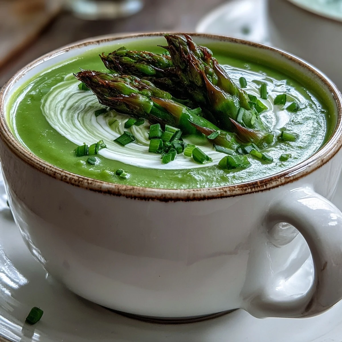 Creamy Asparagus Soup garnished with fresh chives, served in a rustic white bowl.
