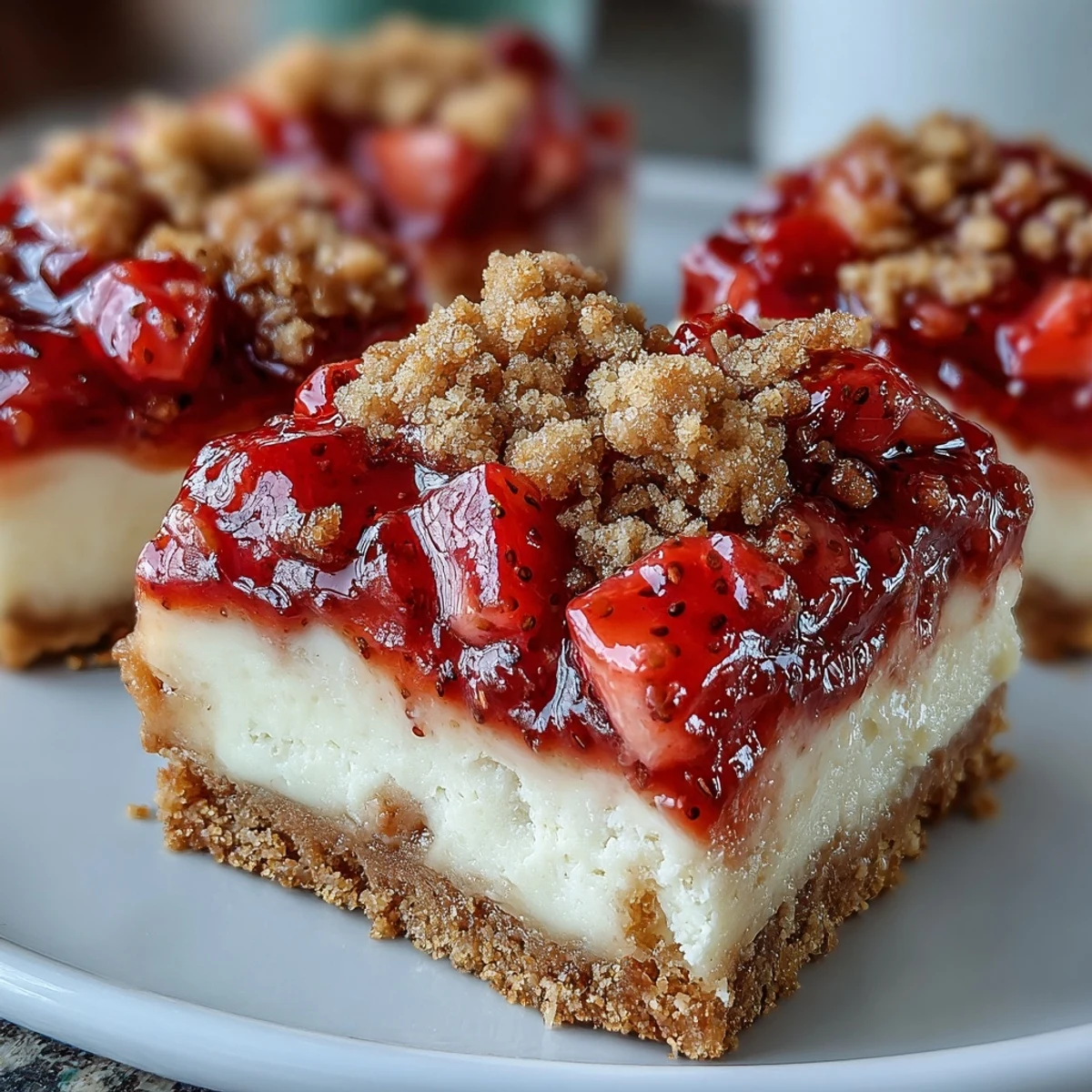 Saftige Strawberry Cheesecake Bars mit goldbraunem Streusel für den Genuss.