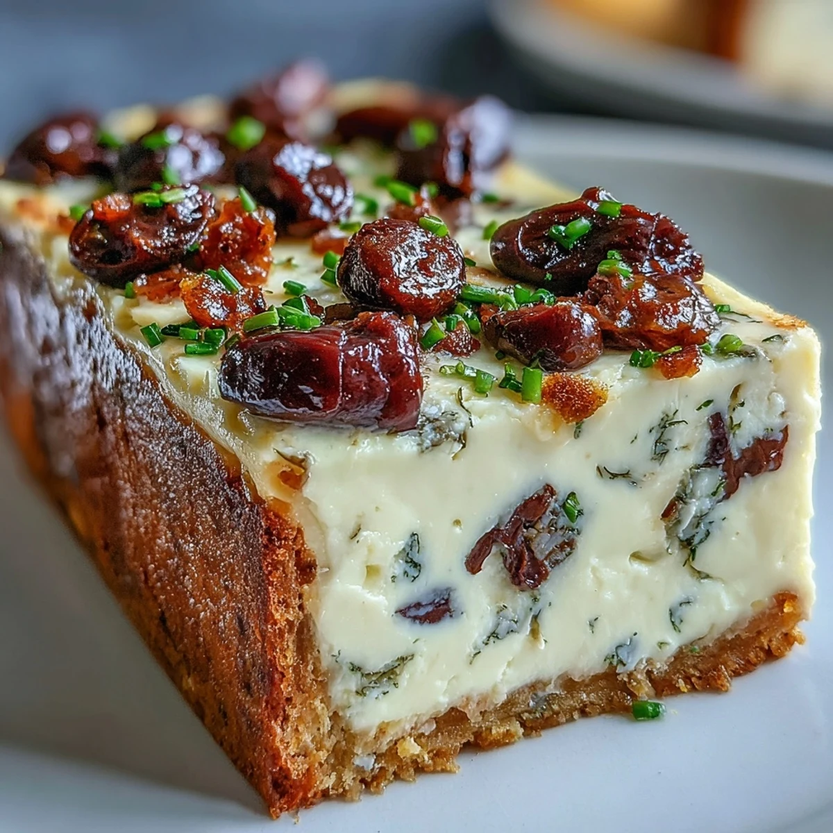 Creamy Kalamata Cheesecake Appetizer sliced, ready for guests or entertaining.