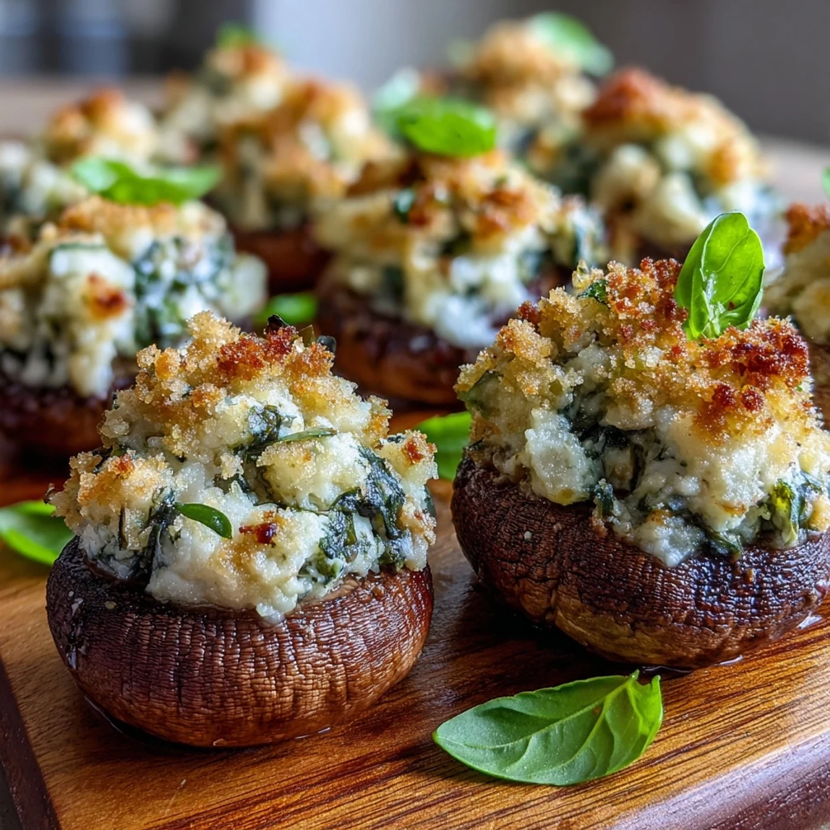 Köstliche Stuffed Asiago-Basilus Champignons mit cremiger Füllung, serviert warm als eleganter Party-Snack.