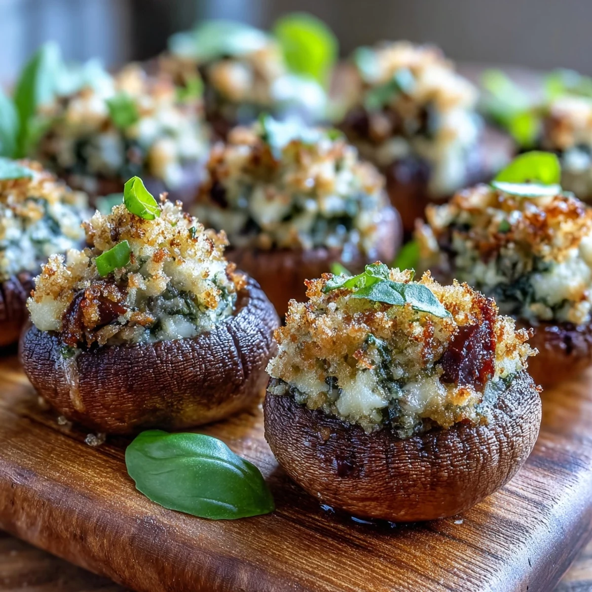 Goldene Stuffed Asiago-Basilus Champignons mit knusprigen Käsekruste und frischen Kräutern auf Backblech.