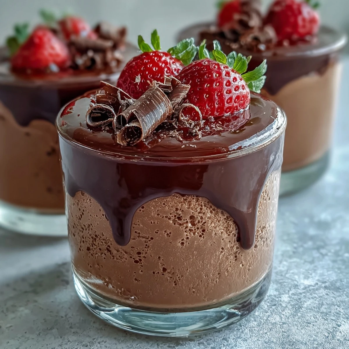 Airy Chocolate-Covered Strawberry Mousse served chilled, topped with mint leaves and a spoon ready to enjoy.
