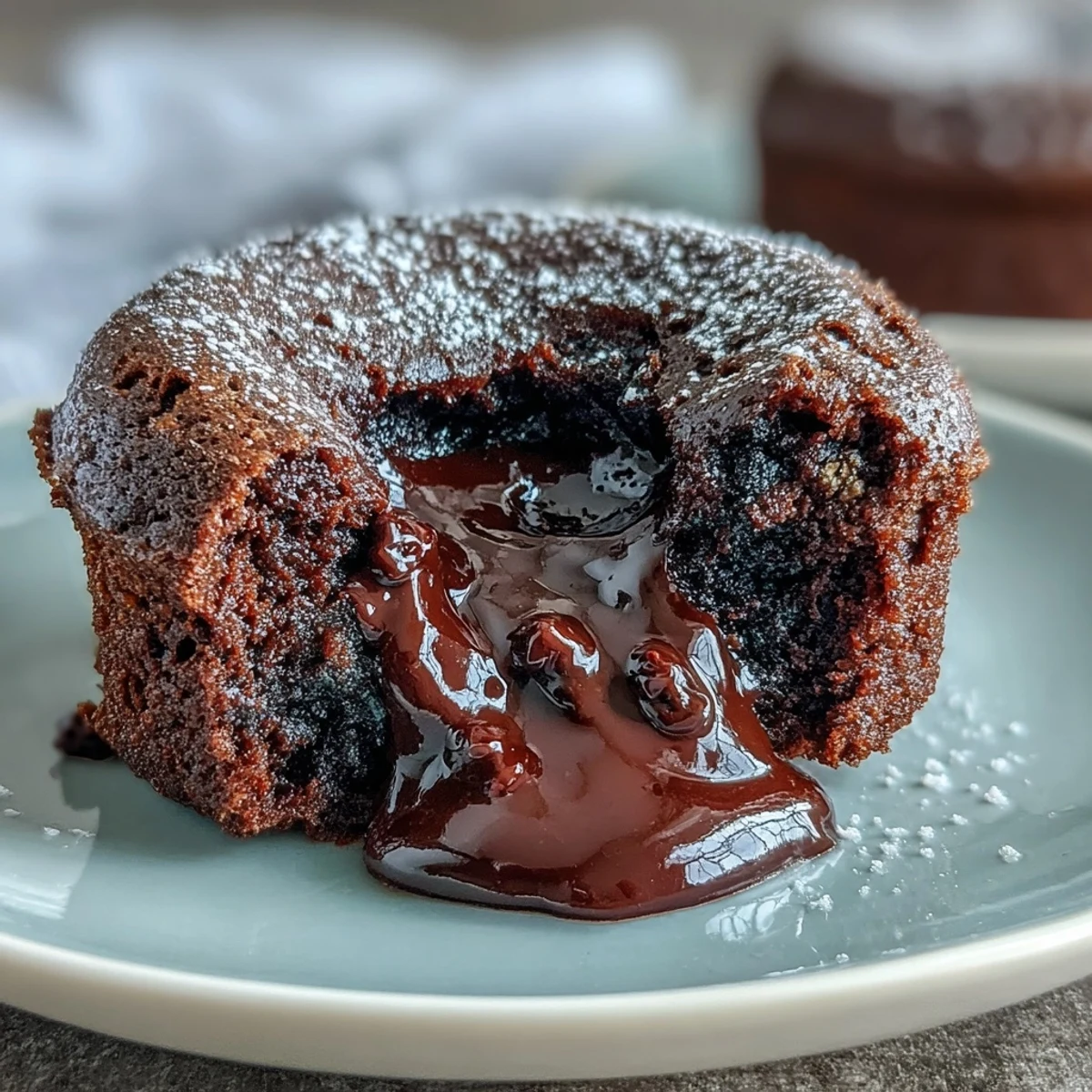 Individuelle Chocolate Lava Cakes mit Eisschicht und fließender Schokoladenmitte, perfekt für ein kaltes Winter-Abendessen.
