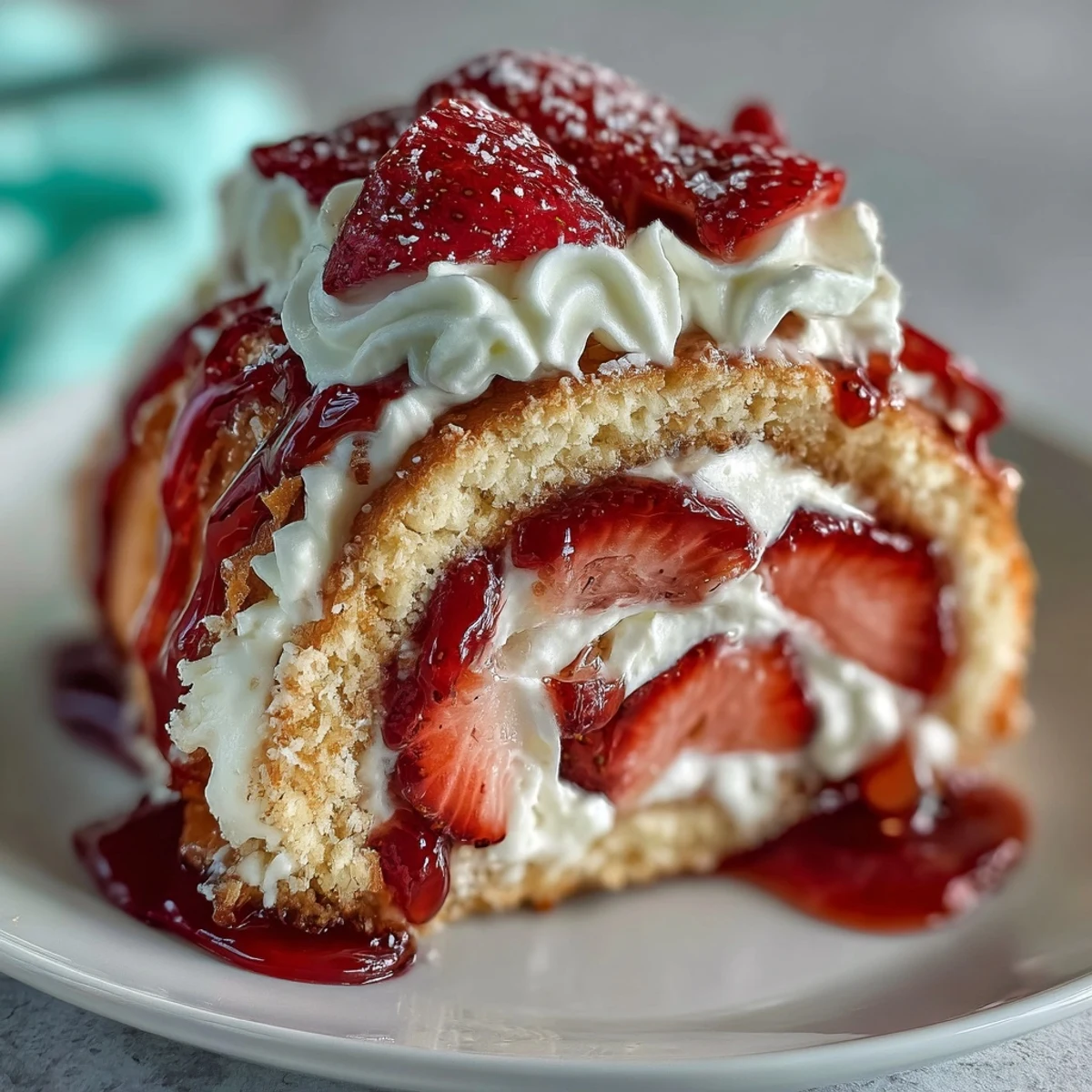 A single slice of Strawberry Shortcake Sushi Roll reveals bright berry layers and creamy filling on a white serving plate.