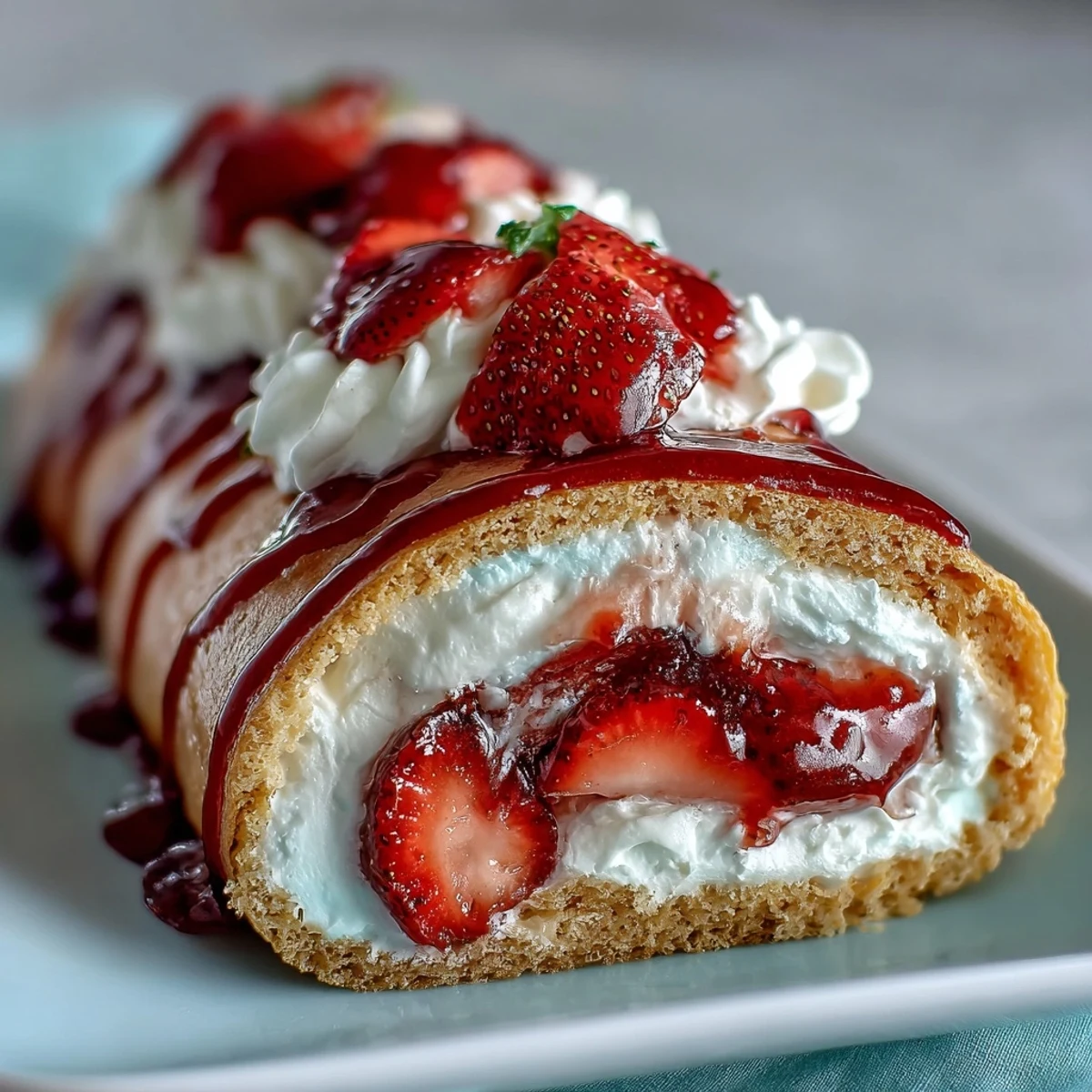 Close-up of Strawberry Shortcake Sushi Roll drizzled with white chocolate and mint, ready for a decadent dessert platter.