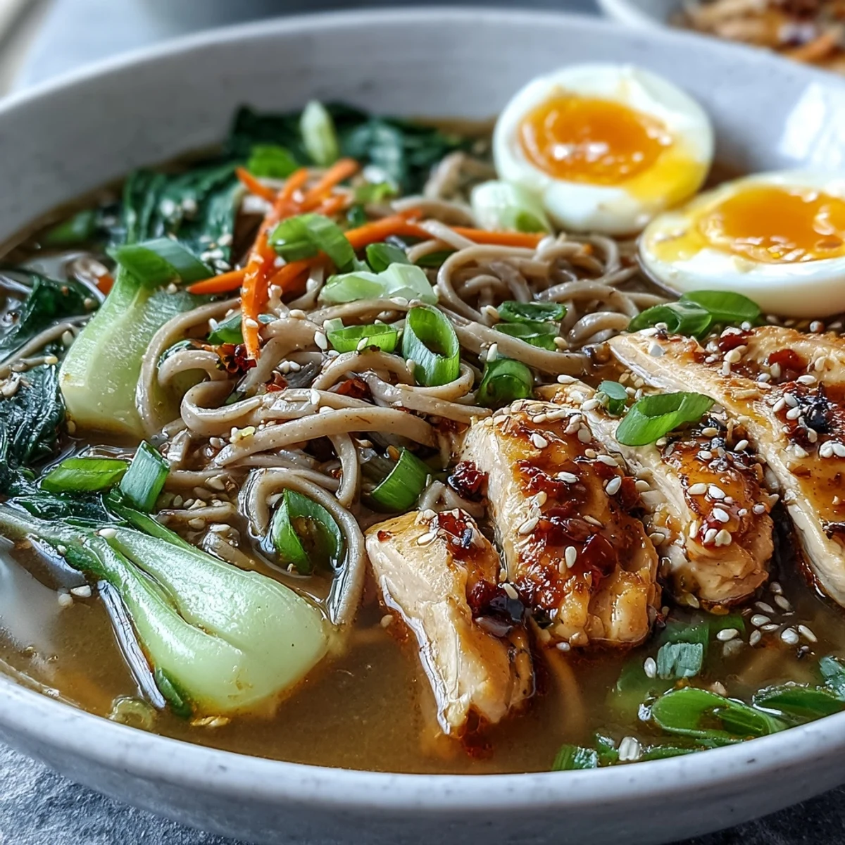 Healthy Miso Chicken Noodle Bowls garnished with nori strips and sesame seeds, ready to serve for dinner