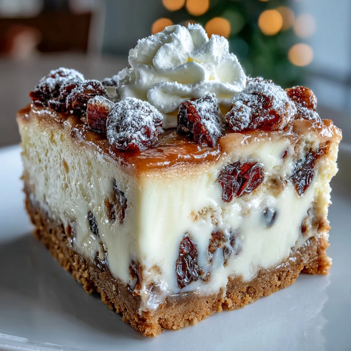 Gebackene Christmas Cheesecake Slab in rechteckiger Form mit weichem Schlagsahne-Topping und Puderzuckergestäub.