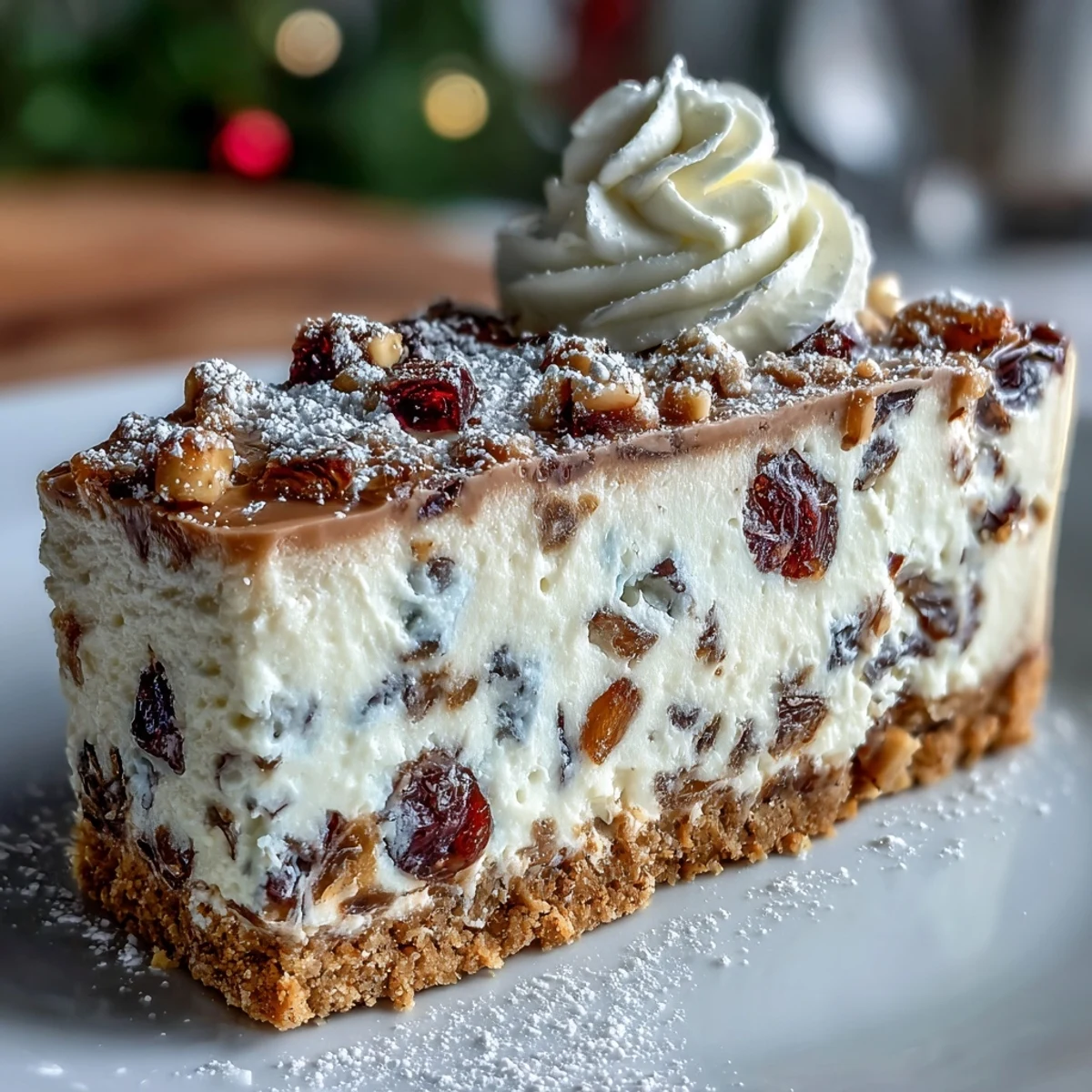 Geschnittene Stücke der Christmas Cheesecake Slab, reich an getrockneten Früchten und gewürzten Noten für Weihnachten.