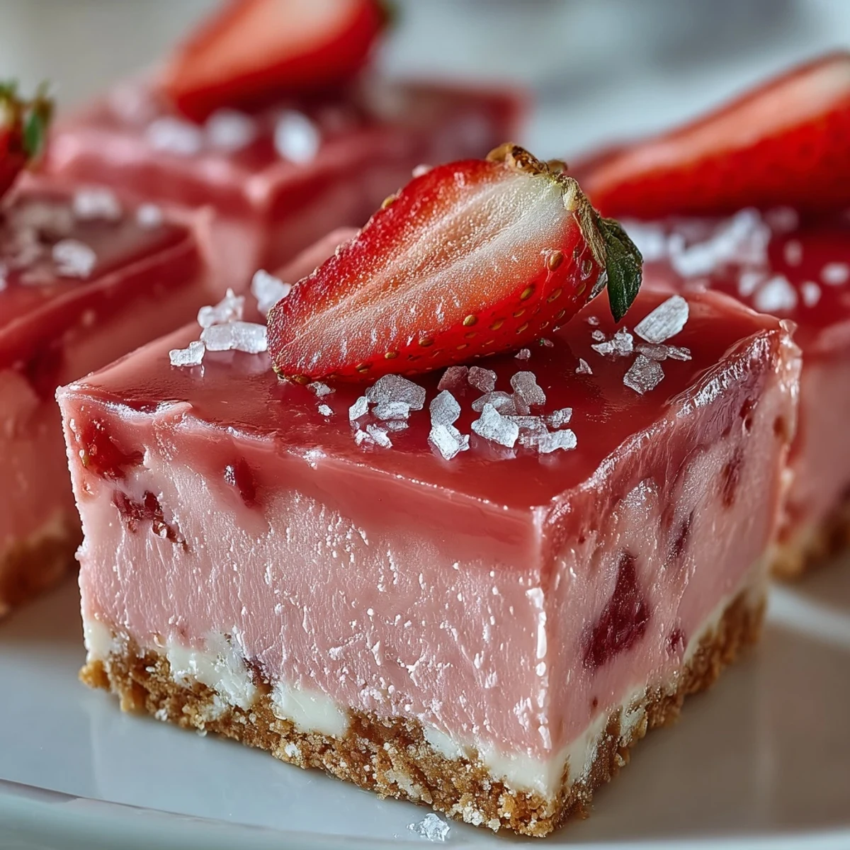 Saftige No-Bake Strawberry Fudge Squares in leuchtendem Rosa, garniert mit Trocken-Erdbeeren für perfektes Dessert-Picking.
