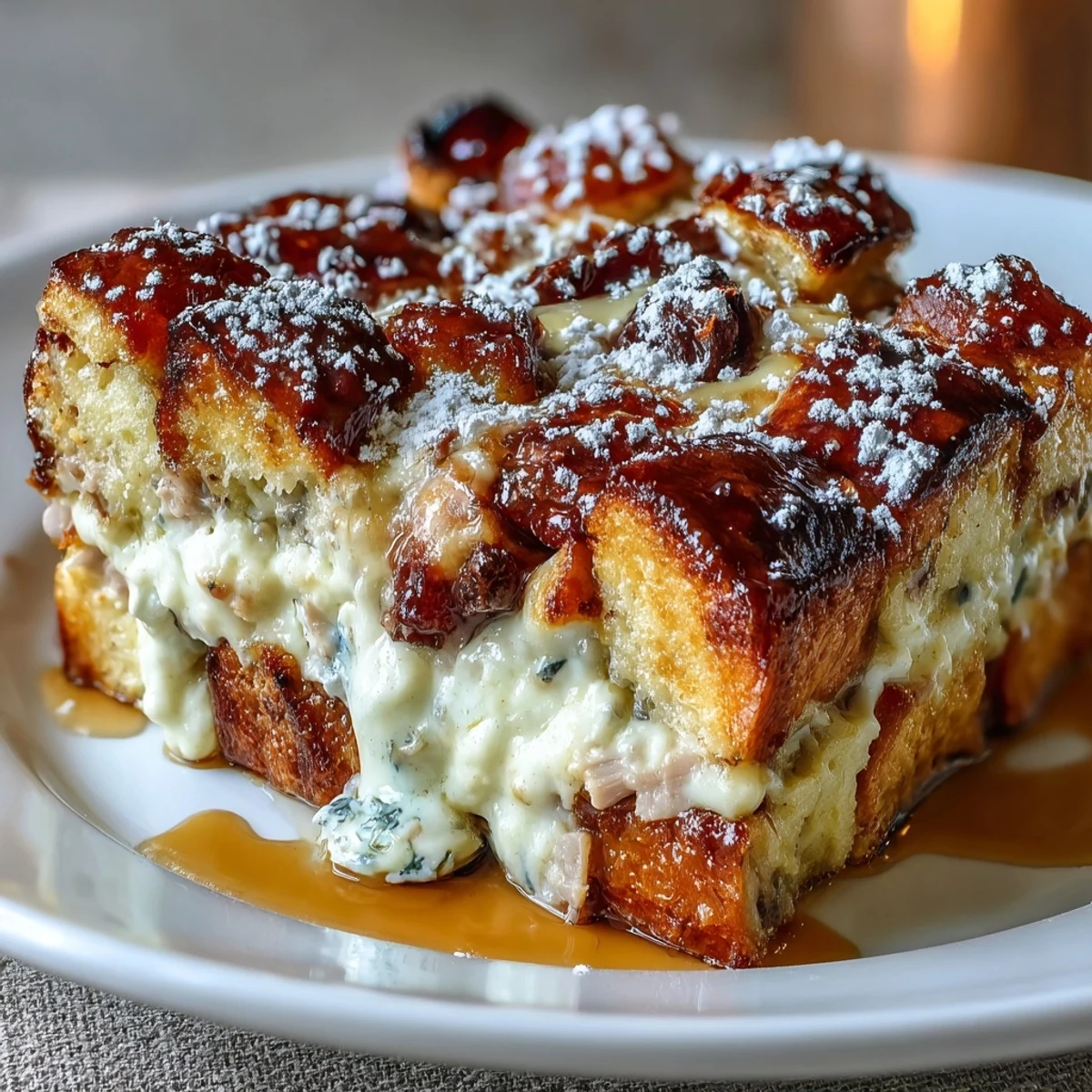 Herzhafter Monte Cristo Breakfast Casserole aus Eiermilch-Getränkt-Brot, dampfend und mit Ahornsirup getränkt serviert.