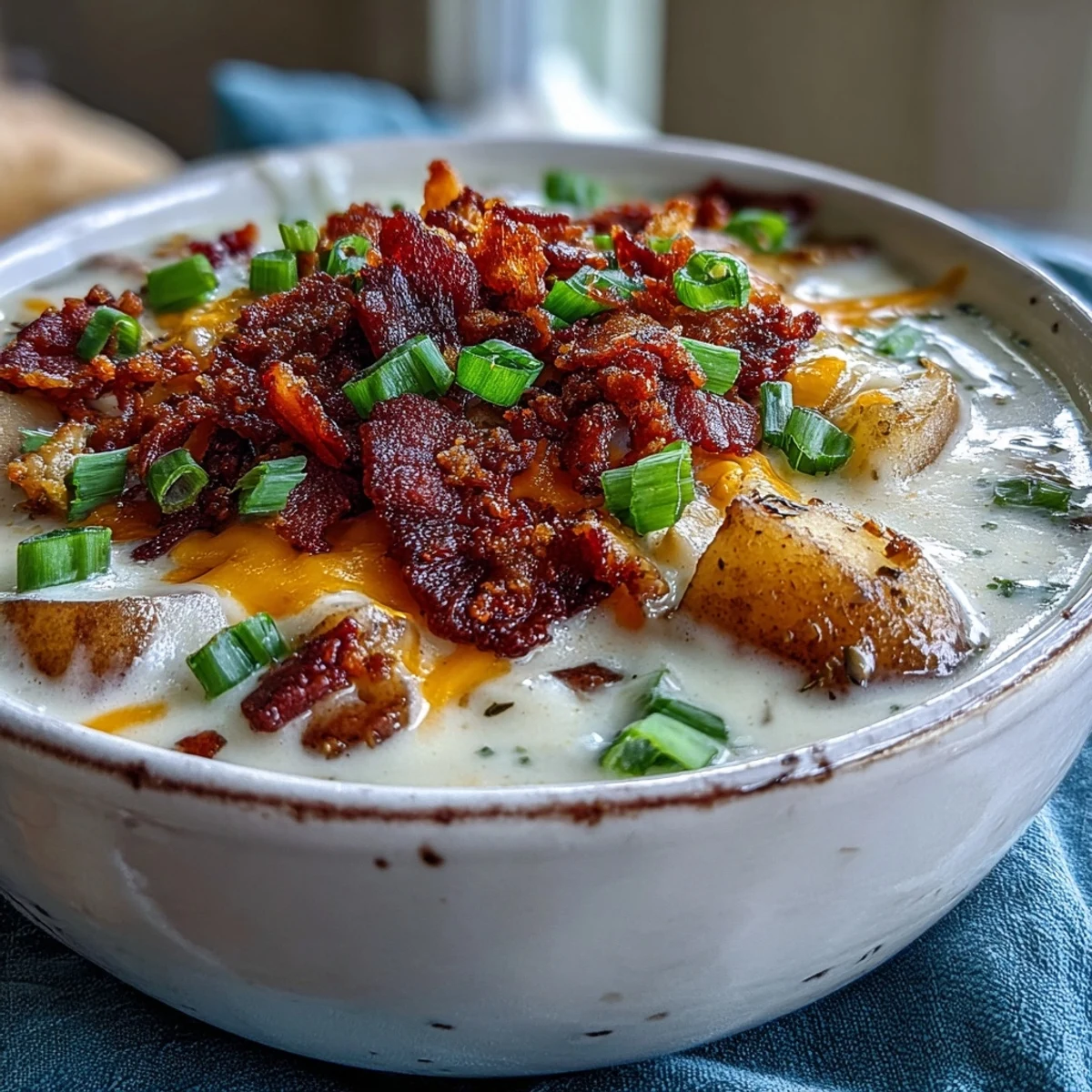 Creamy Loaded Potato Soup steaming in a bowl, topped with crispy bacon and green onions.