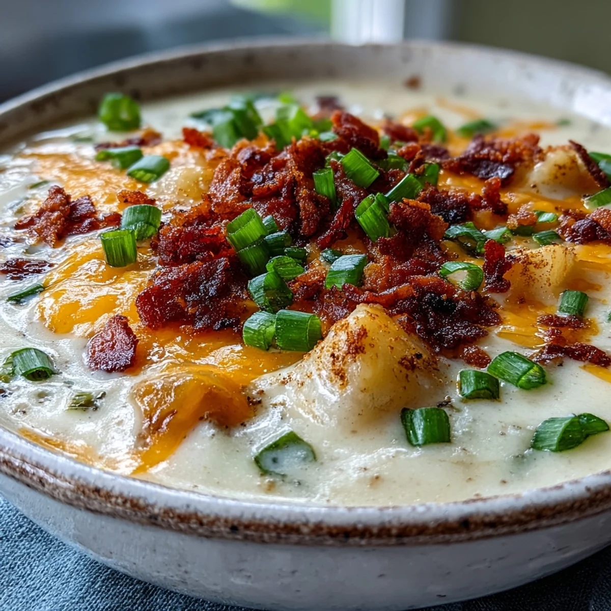 Hearty Loaded Potato Soup served with crusty bread and melted cheddar cheese topping.