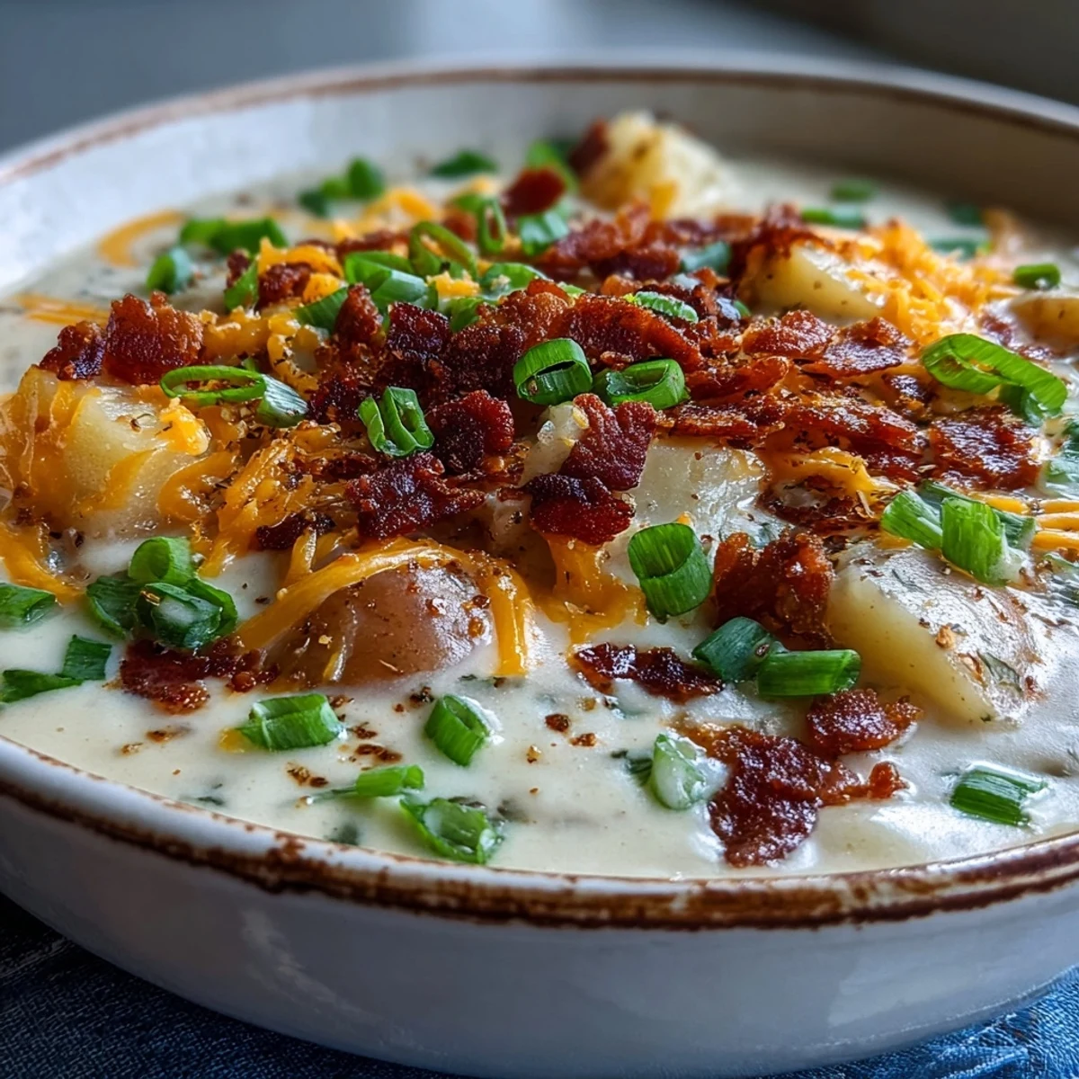 Rustic Loaded Potato Soup in a white bowl, garnished with bacon crumbles and sour cream.