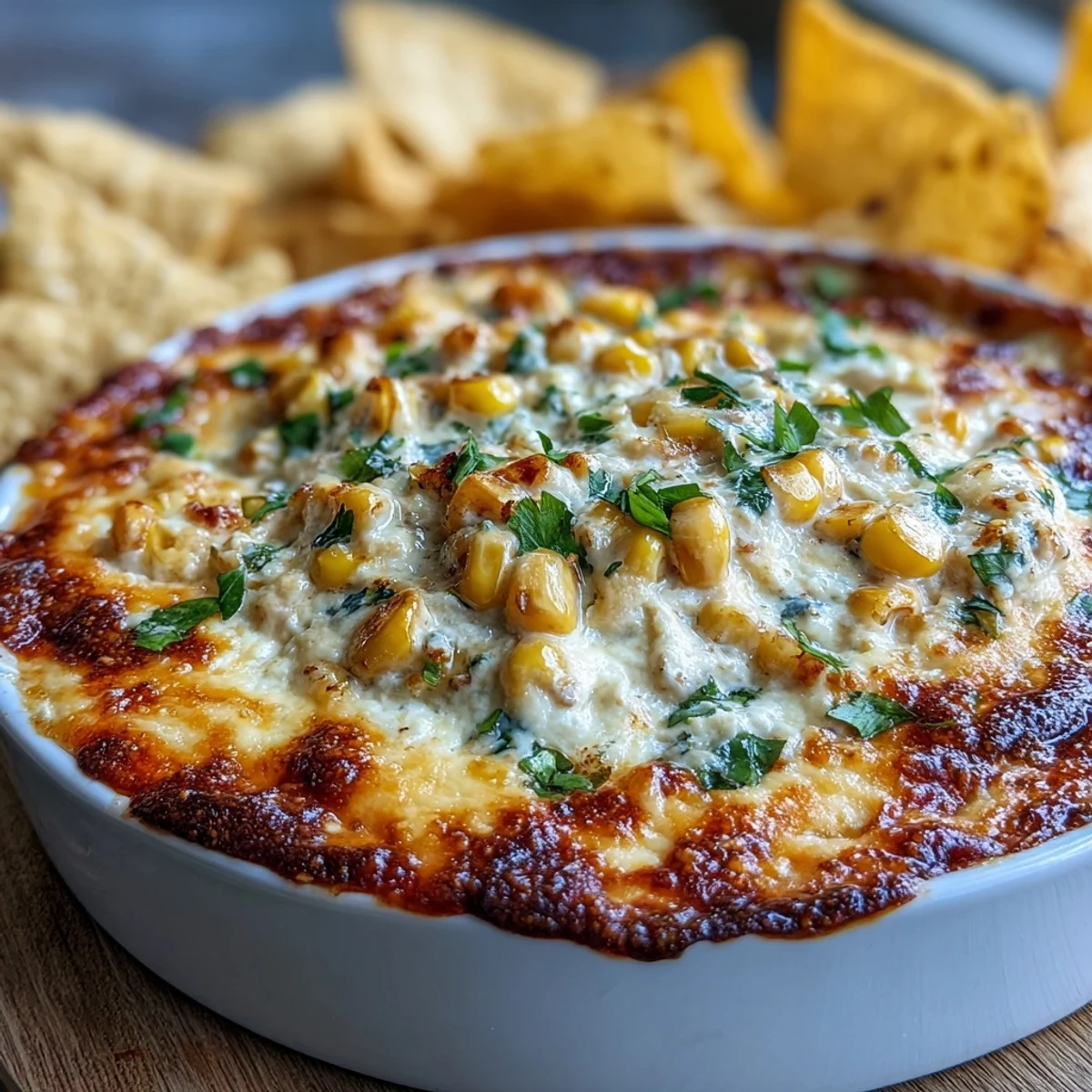 Golden, bubbly Crack Corn Dip fresh from the oven, served warm in a dish with tortilla chips for dipping.