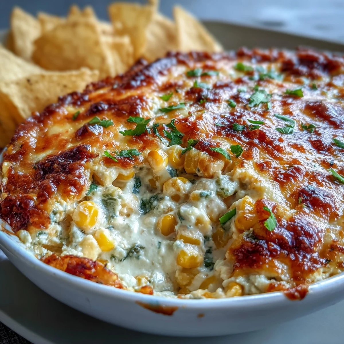 A festive bowl of Crack Corn Dip, garnished with fresh cheddar and jalapeños, surrounded by crunchy tortilla chips.