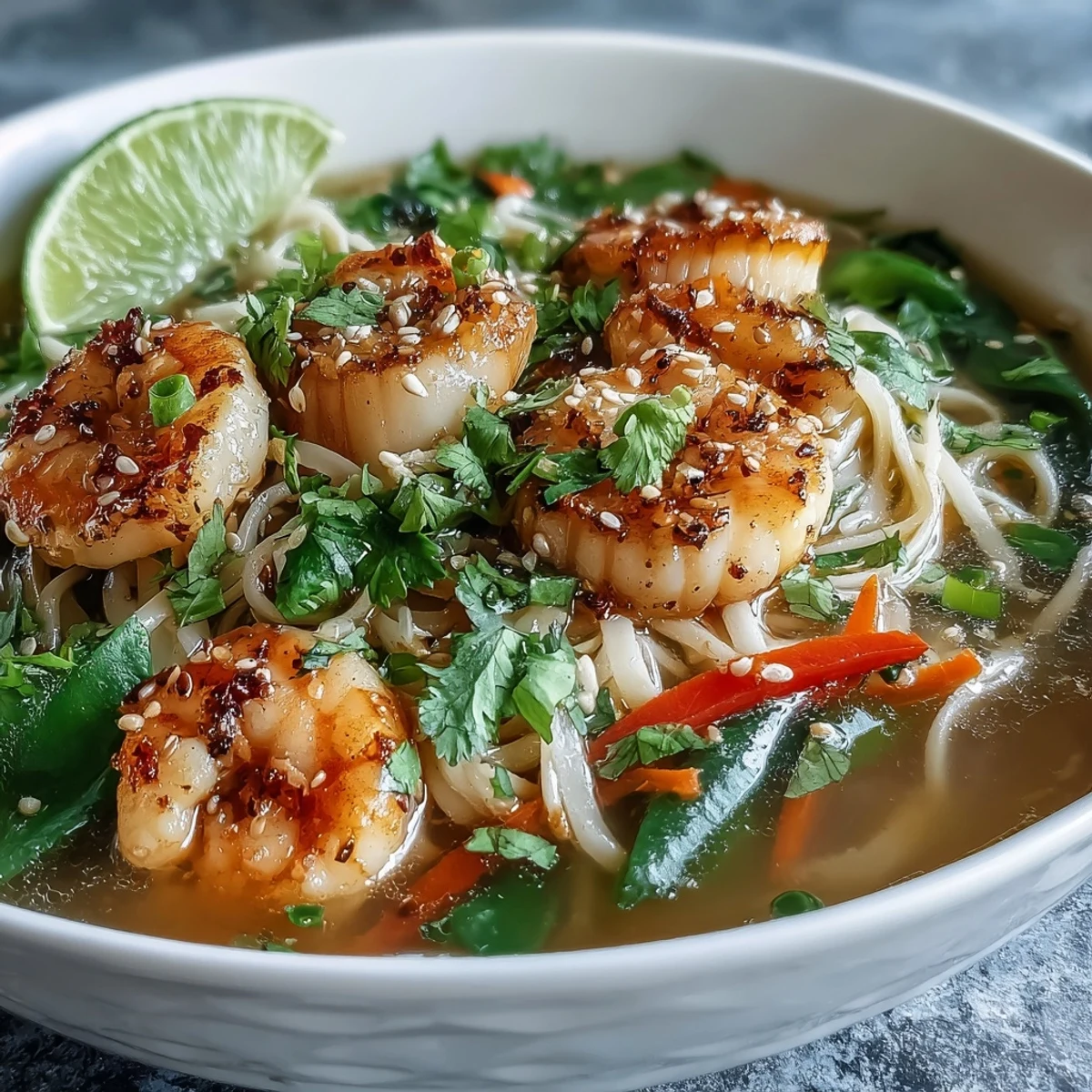 Glattgekochte Reisnudeln, Garnelen und Schalentiere in einer würzigen Brühe mit frischem Gemüse im Asian Noodle Bowl.