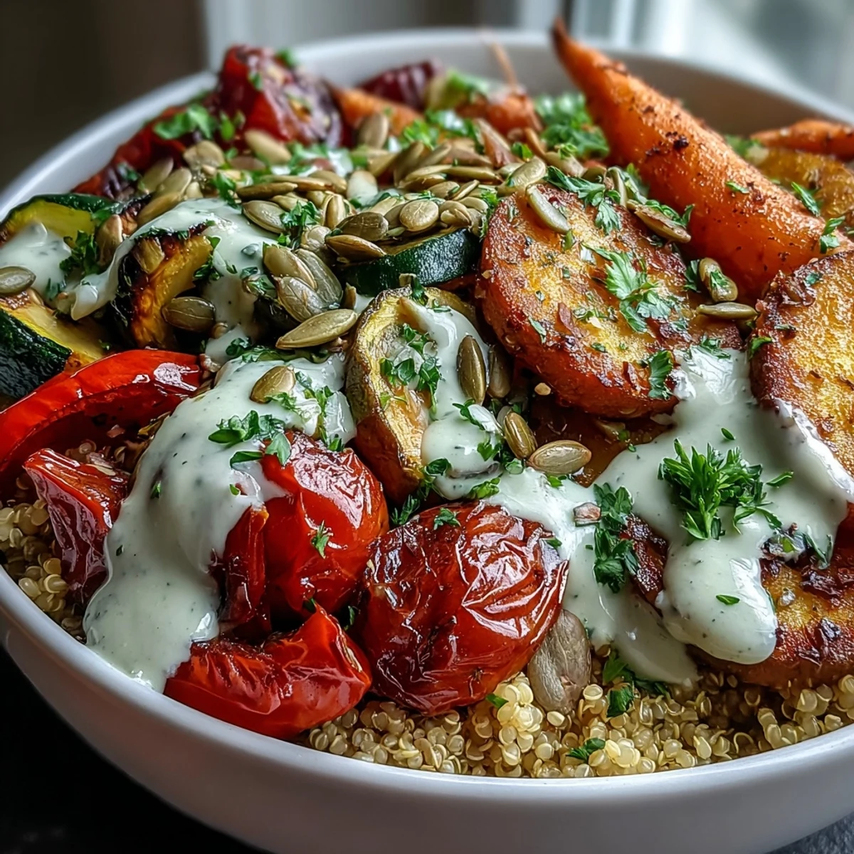 Gefüllte Schüssel mit gerösteten Gemüsen und Quinoa, übergossen mit cremiger Tahini-Soße.