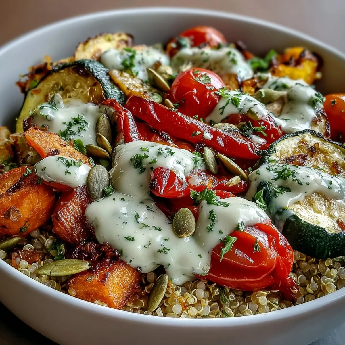 Schüssel mit goldbraun geröstetem Gemüse auf fluffigem Quinoa und würziger Tahini-Soße.
