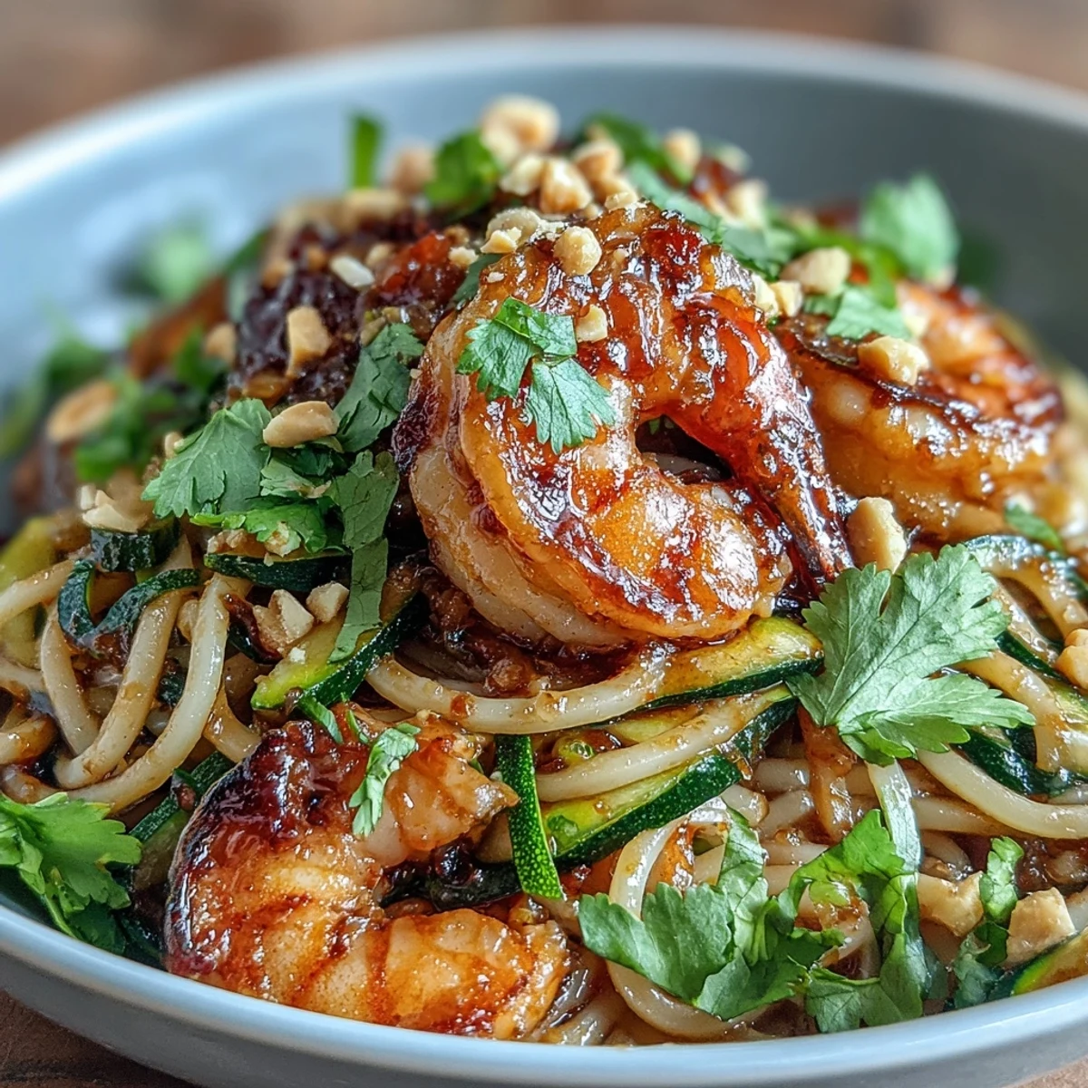 Geröstete Erdnüsse und Koriander verleihen dieser asiatischen Nudelpfanne Crunch und Frische.