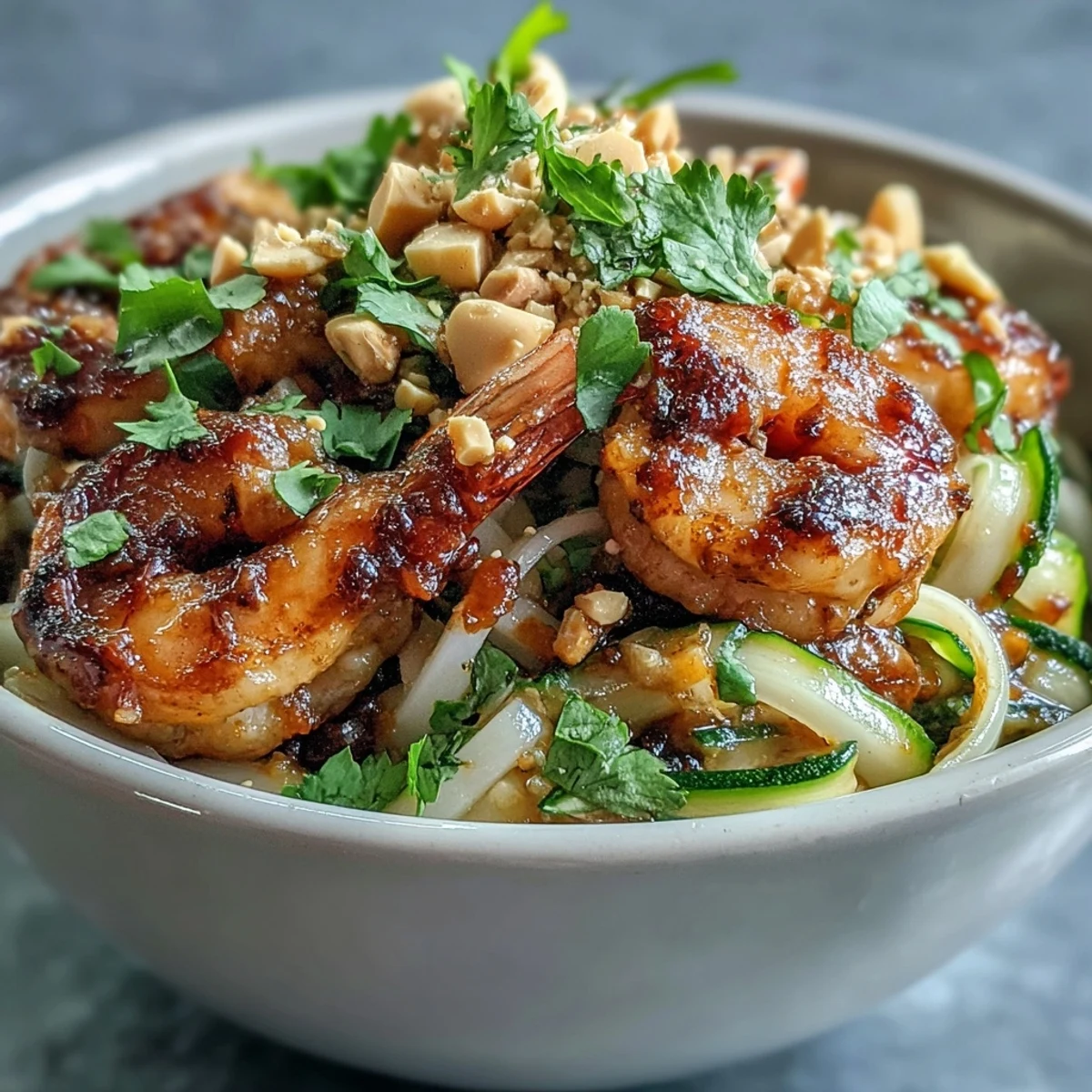Leckere Asian Noodle Bowl mit saftigem Shrimp, knackigem Gemüse und würziger Limetten-Sauce.