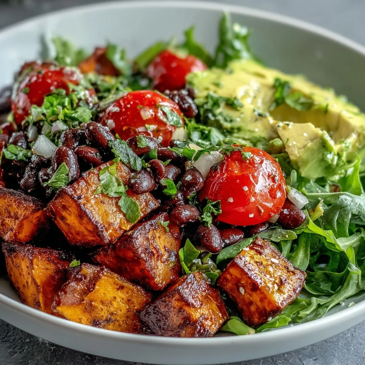 Frische Tex-Mex-Aromen: knusprige Süßkartoffeln, schwarze Bohnen, knackiger Salat und zitronige Limette, serviert in einer nahrhaften vegetarischen Schüssel für Mittagessen.