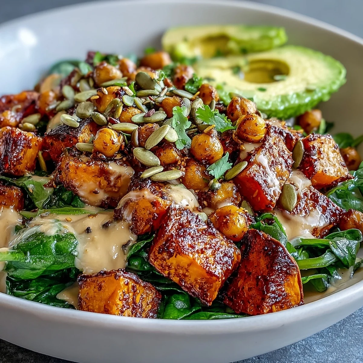 Richtig leckere, rost-süße Süßkartoffelstücke und knusprige Kichererbsen im Bowl mit garlicky Spinat und cremiger Chipotle-Tahini-Soße