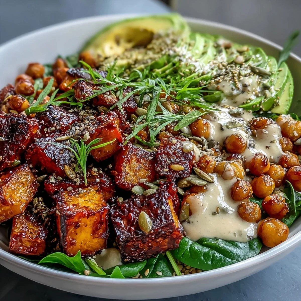 Genussvoll angerichteter Roasted Sweet Potato and Chickpea Bowl: karamellisierte Süßkartoffeln, knusprige Kichererbsen, grüner Spinat und würzige Chipotle-Tahini-Soße