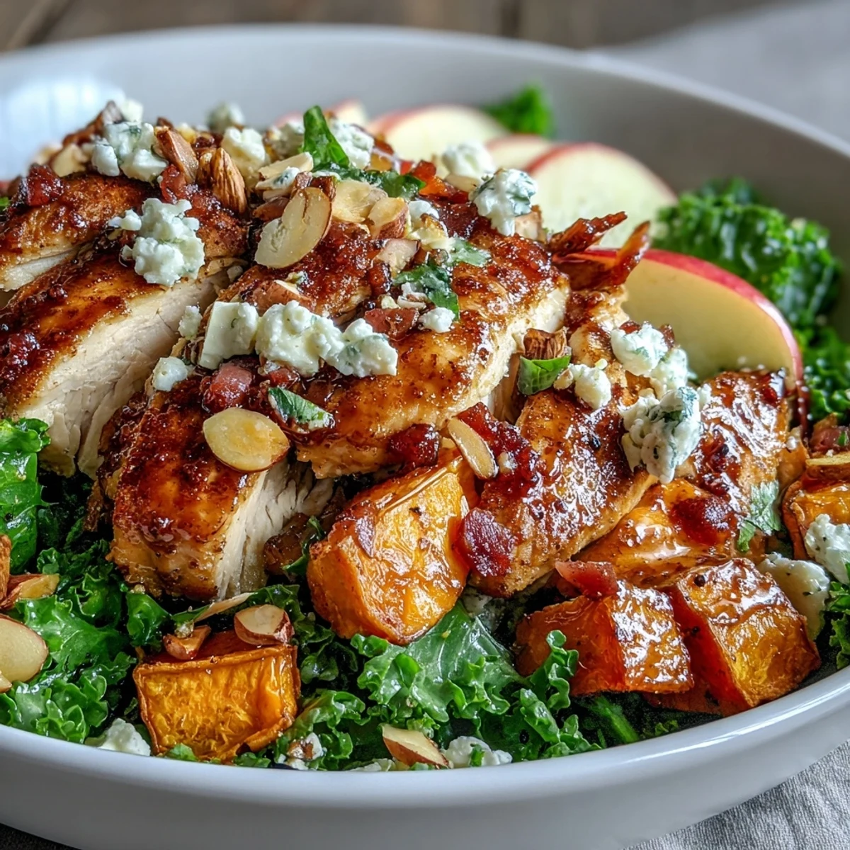 Helles Herbst-Süßkartoffel-Schüssel mit geröstetem Hähnchen, Äpfeln und Ziegenkäse auf einem rustikalen Tisch.
