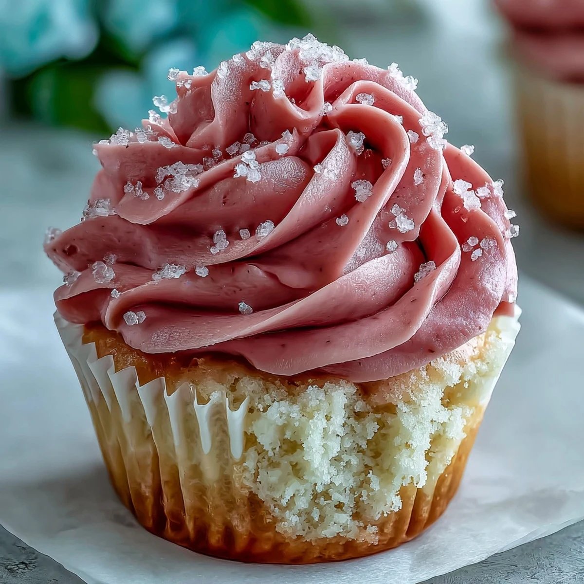 Freshly baked Pink Velvet Cupcakes with rich vanilla buttercream, garnished with pink sprinkles for a sweet treat.