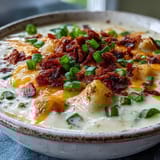 Hearty Loaded Potato Soup served with crusty bread and melted cheddar cheese topping.