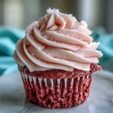 Moist Pink Velvet Cupcakes topped with creamy vanilla buttercream frosting, plated on a rustic wooden table.