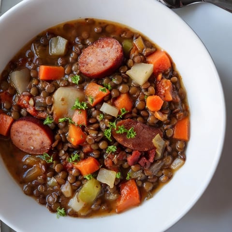 Herzhaftes deutsches Linseneintopf mit würziger Wurst und frischem Gemüse serviert. 