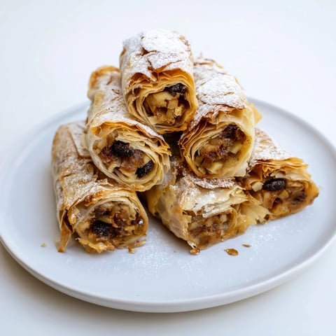 Golden, oven-baked apple strudel rolls, a warm and comforting dessert, dusted with powdered sugar.